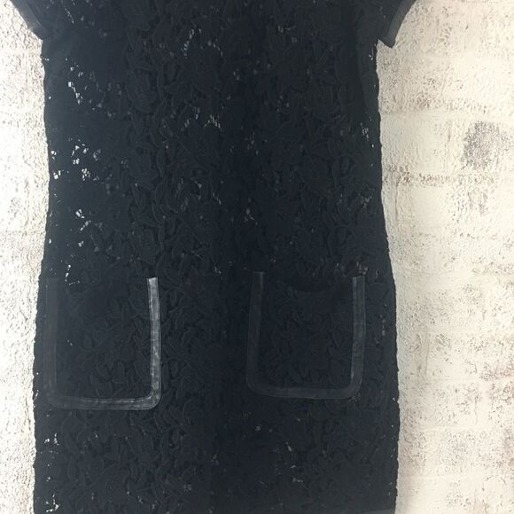 #321 PER SE BLACK LACE LEATHER TRIMMED MINI DRESS - Picture 6 of 7